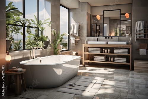 Stylish bathroom interior with modern tub and beautiful houseplants. Cozy posh luxurious interior design of bathroom with white bathtub  wooden classic parquet floor. Home design. Generative AI.