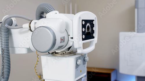 A specialist radiologist doctor installs an x-ray scanner for a patient. Medical research, injury and treatment concept.