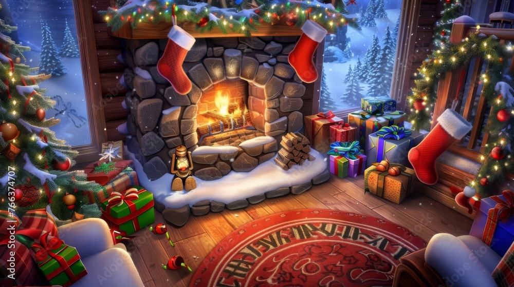 Illustrate a cozy scene of a crackling fireplace, adorned with stockings and garlands, perfect for a Christmas greeting