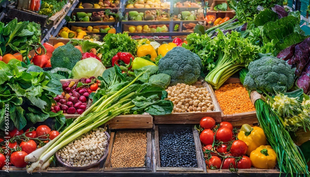 Healthy food in a grocery store. A variety of colorful vegetables, leafy greens and legumes for a balanced and nutrient-rich diet