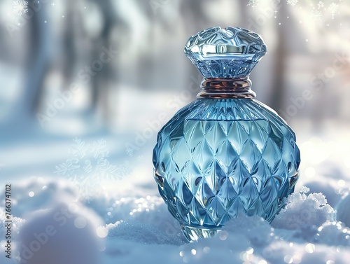 A perfume bottle mockup with a serene and ethereal winter landscape backdrop © Brian Carter