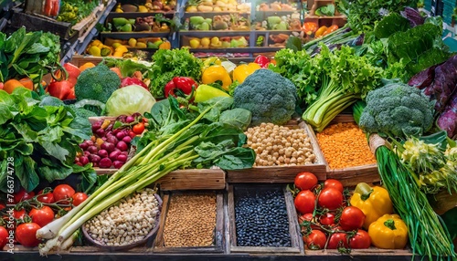 Healthy food in a grocery store. A variety of colorful vegetables, leafy greens and legumes for a balanced and nutrient-rich diet