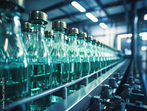 Modern beverage bottling plant with bottles for carbonated drinks and water