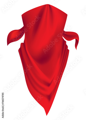 Red realistic bandana on neck. Youth fashion neck scarf or cowboy garment element template. Biker face scarf, bandanna neck shawl. Blank handkerchief unisex uniform. Western clothes