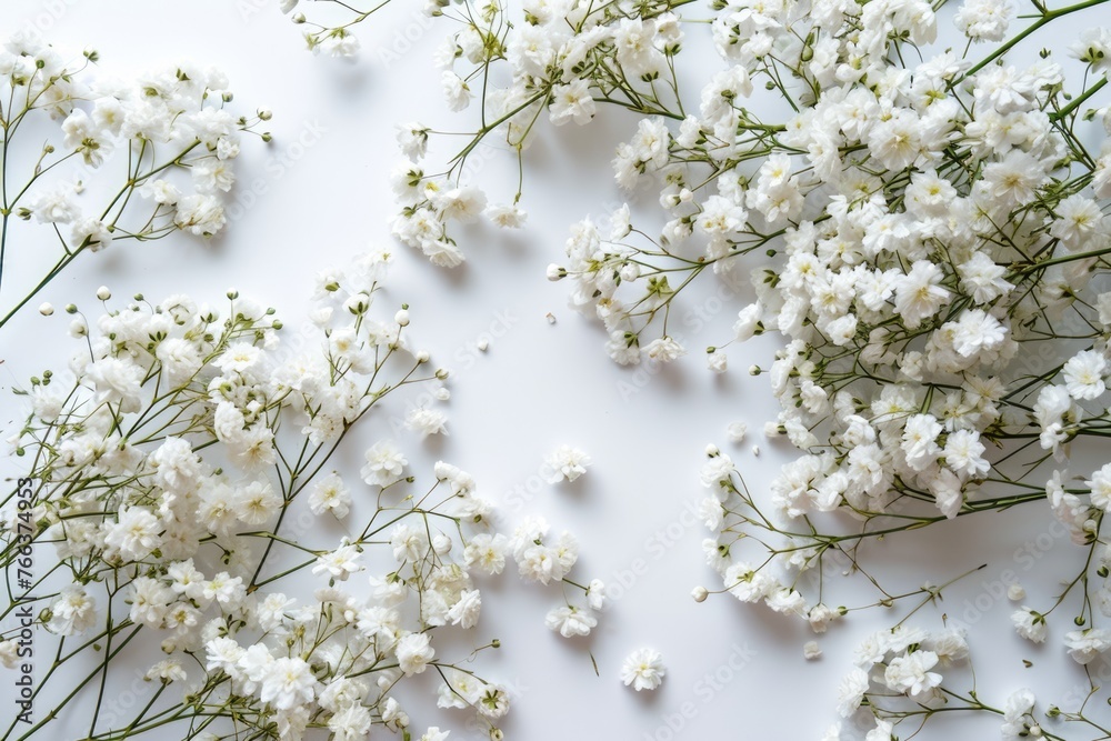 Minimalist White Gypsophila Flower Bouquet Flat Lay Background for Festive Decor