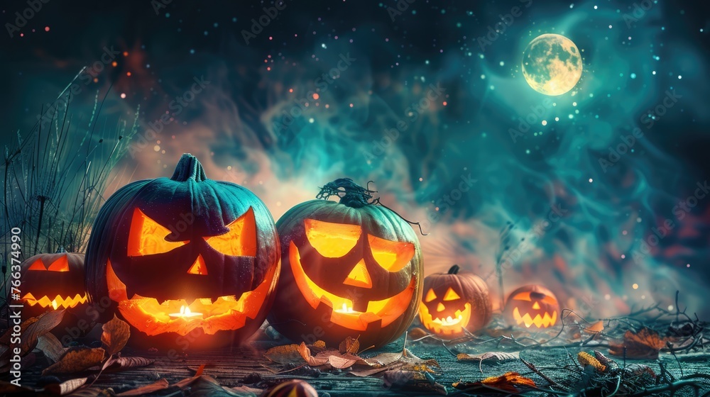 Glowing Jack-o'-Lanterns in Spooky Halloween Night Scene under Moonlight Glowing Jack-o'-Lanterns in Spooky Halloween Night Scene under Moonlight