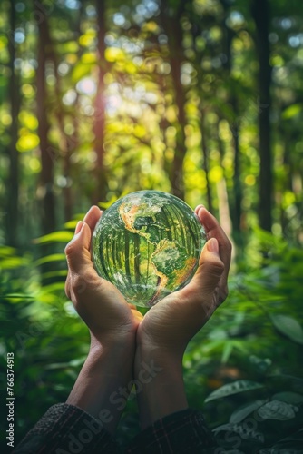 A person is holding a globe in their hands. The globe is made of glass and is green in color. Concept of environmental awareness and the importance of taking care of our planet