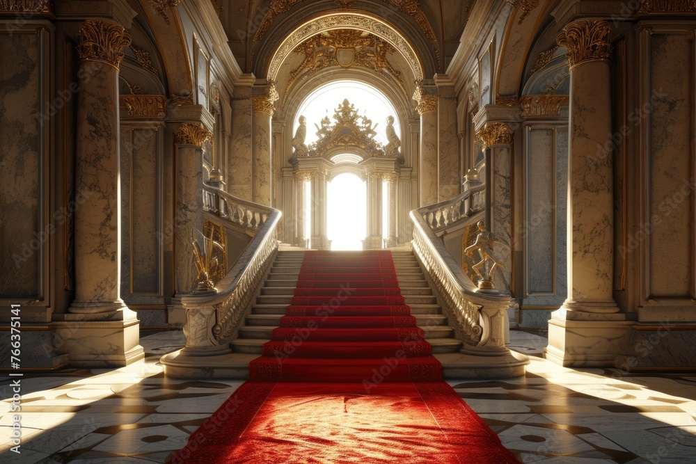 Regal Entrance: Red Carpet Leading to Royalty in a Palace Hall