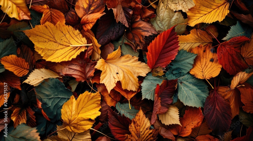 Vibrant Autumn Foliage: Colorful Leaves Carpeting the Forest Floor - obrazy, fototapety, plakaty 