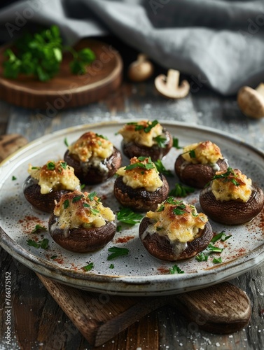 A plate of stuffed mushrooms with parsley on top. The mushrooms are arranged in a neat row and are garnished with parsley