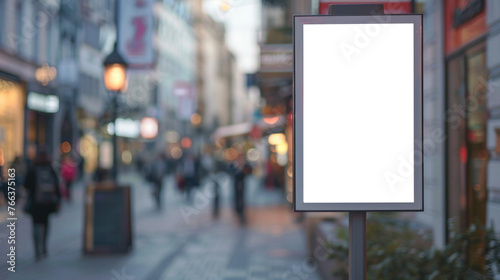 A white billboard is on a city street with people walking by