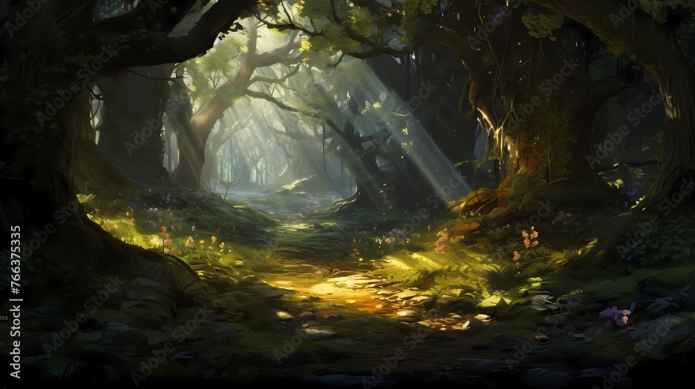 A hidden grove within the forest, where beams of sunlight pierce through the dense canopy, illuminating the lush undergrowth.