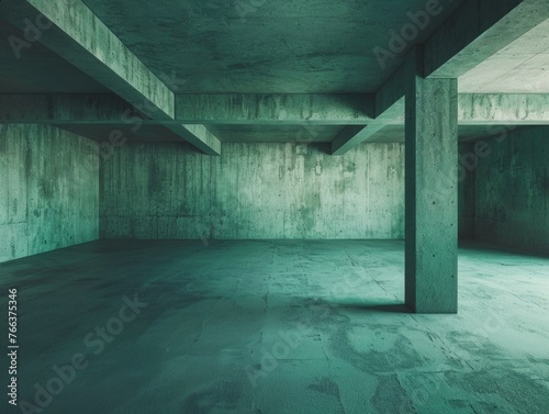 A large  empty room with a concrete ceiling and floor. The room is mostly grey  with a few darker spots