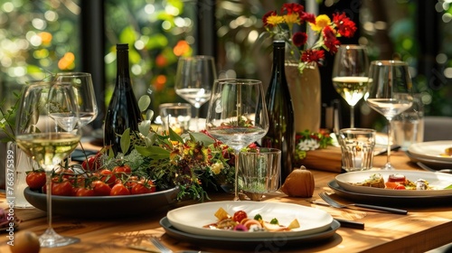 Luxurious Gourmet Dinner Table Setting with Exquisite Culinary Delights and Fine Wine
