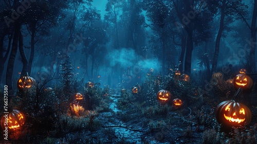 Spooky Forest Halloween Pumpkins on Wood at Night