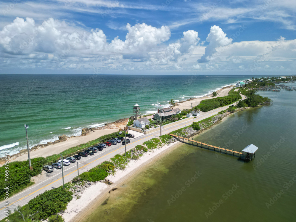 Aerial coastline view of near House of Refuge at Stuart Rocks Beach in Stuart, Florida in Martin County