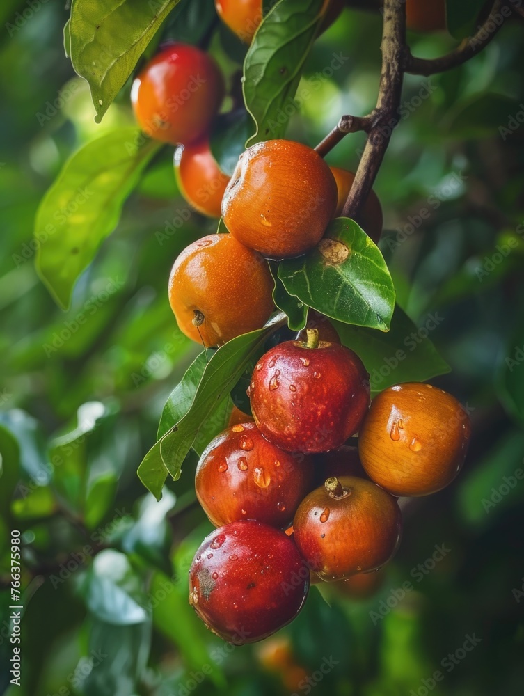 A bunch of red fruit hanging from a tree. The fruit is wet and shiny. The leaves are green and the fruit is ripe