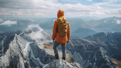 A man in an orange jacket stands on a mountain top with a backpack. Concept of adventure and exploration, as the man is ready to embark on a journey or hike through the mountains
