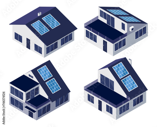 Classic and modern family house residential apartment buildings with roof solar panels. Real estate home property. Contemporary standard suburban urban village style