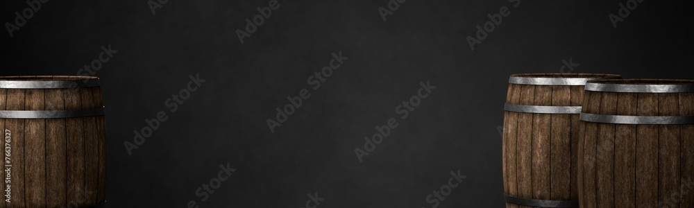 Wide banner with wooden wine or whiskey barrels, casks or kegs made from rustic oak wood on both sides over black background with copy space Wide banner with wooden wine or whiskey barrels, casks or kegs made from rustic oak wood on both sides over black background with copy space