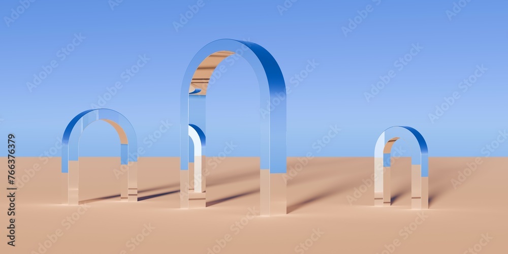 Multiple chrome retro doorframe or portal objects in surreal abstract desert landscape with blue sky background, geometric primitive fantasy concept