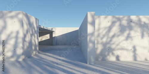 Abstract empty  modern concrete building with large openings  tree shadow and blue sky - industrial background template