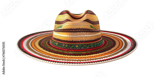 A colorful hat with a red stripe on it. The hat is made of straw and has a brown and tan color scheme