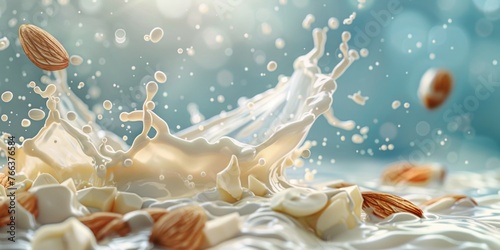 A splash of milk with a few almonds floating in it. Concept of freshness and indulgence, as the milk and almonds are a classic combination for a delicious and nutritious snack