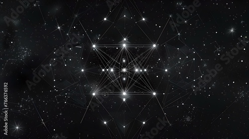 Intricate geometric pattern with bright nodes and interconnected lines. Abstract monochrome design, suitable for background or scientific purposes. Futuristic digital artwork. AI