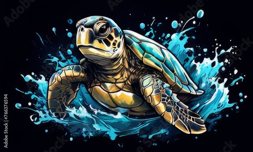Turtle moves gracefully through water, its movements fluid, effortless. For fashion, clothing design, animal themed clothing advertising, as illustration for interesting clothing style, Tshirt design.