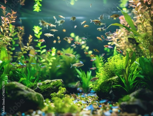 A fish tank with a variety of fish swimming in it. The fish are swimming in a green and brown environment with plants and rocks