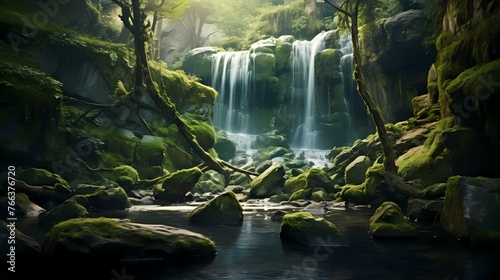 A hidden forest waterfall cascading down moss-covered rocks, surrounded by a lush green landscape.