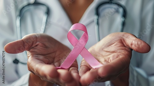 Caring Hands  Doctor Holding Pink Cancer Awareness Ribbon