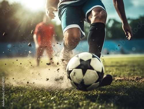 Intense soccer ball kick by player on green soccer field close-up shot
