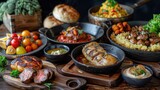 Bountiful Homemade Meal Showcasing Diverse Culinary Delights on Rustic Wooden Table