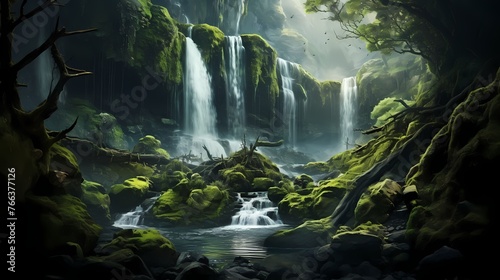 A hidden forest waterfall cascading down moss-covered rocks  surrounded by a lush green landscape.