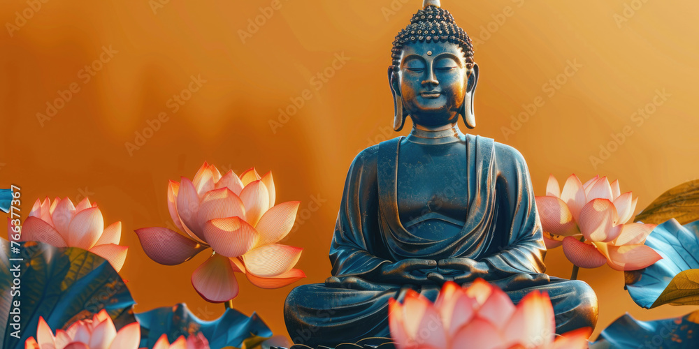 A statue of a Buddha is sitting in front of a bunch of pink flowers. The statue is surrounded by a lot of flowers, which gives the impression of a peaceful and serene environment