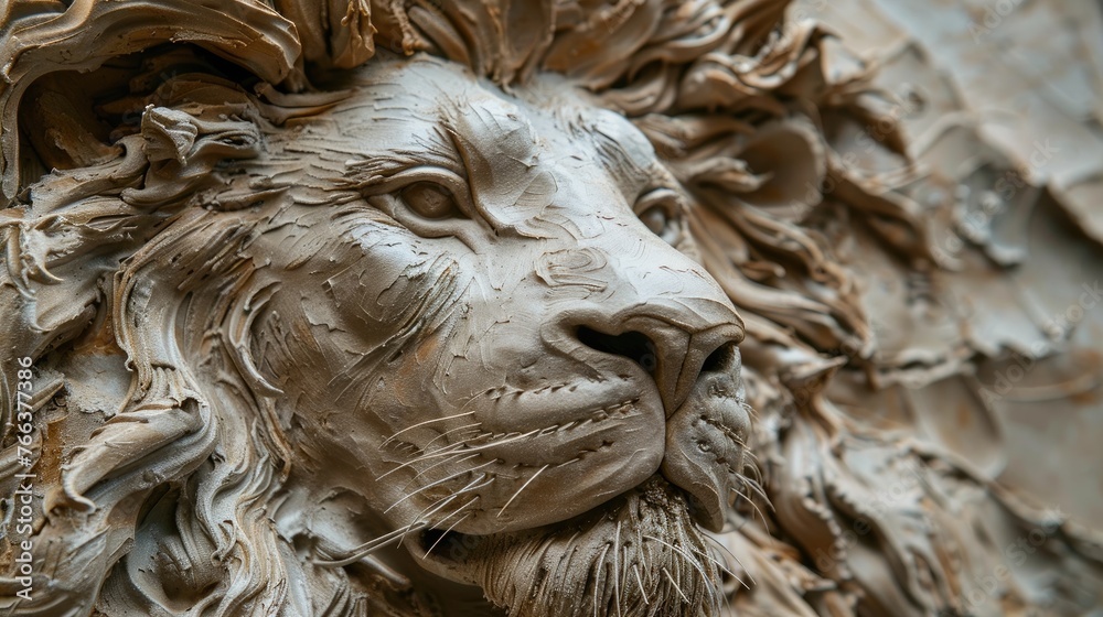 Intricately Carved Majestic Stone Lion Sculpture Showcasing Impressive and Craftsmanship in Natural Outdoor Setting