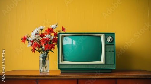 Vintage 90s television set close-up on table in retro apartment photo