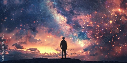 A man stands on a hill looking up at the stars. The sky is filled with stars and the man is silhouetted against the backdrop of the night sky