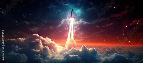 A rocket navigates through cumulus clouds in the vast sky of space, surrounded by the natural landscape of the world, illuminating the dusk horizon