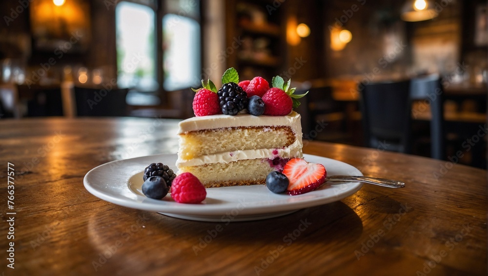 Food photo with a piece of cake with berries. Cafe restaurant interior. Food photo with a piece of cake with berries. Cafe restaurant interior.