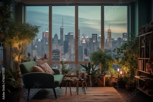 Urban jungle in the apartment in the evening at sunset in a skyscraper, a lot of green plants in the living room with large floor-to-ceiling windows, nobody
