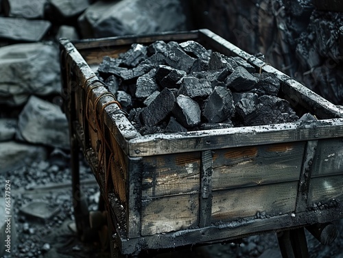 Miners holding coal in underground tunnel, conceptualizing mining industry work photo