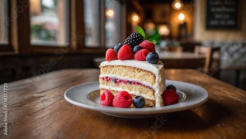 Food photo with a piece of cake with berries. Cafe restaurant interior.