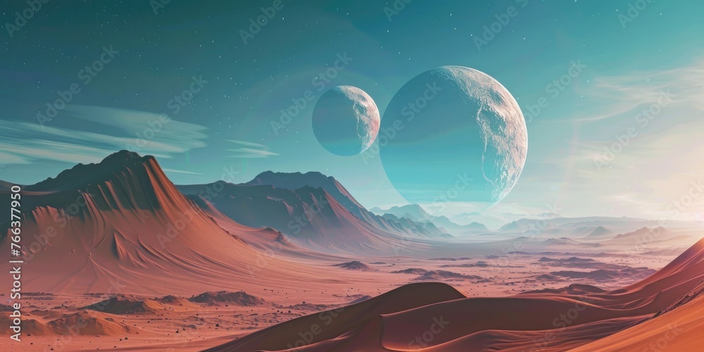 A desolate landscape with two large moons in the sky. The sky is blue and the mountains are brown - obrazy, fototapety, plakaty 