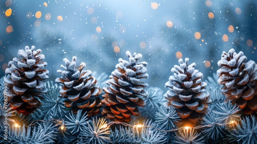 Festive Holiday Banner: Snowy Pine Cones and Lights on Fir Branch for Christmas Decorations