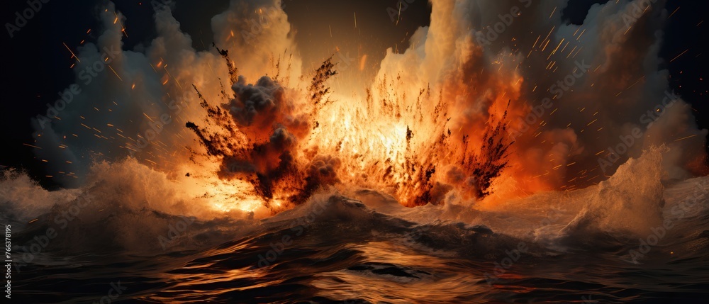 Underwater explosion creating a spectacular burst of water and debris in the ocean