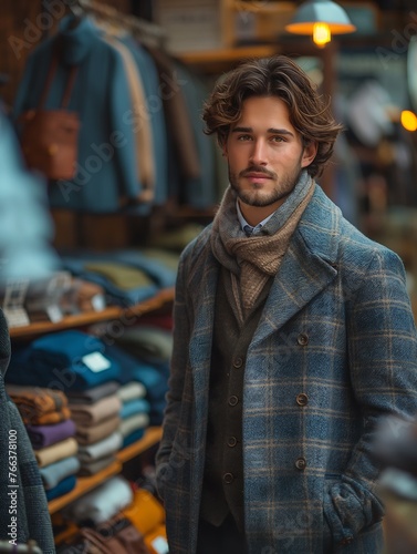 In a boutique clothing store, a handsome man with curly hair wears a chic plaid coat and knitted scarf, exuding a sophisticated fall style, with shelves of neatly folded sweaters and ambient lighting 