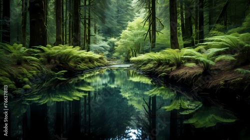 A hidden forest pond surrounded by lush ferns and towering trees  reflecting the beauty of the surrounding greenery.